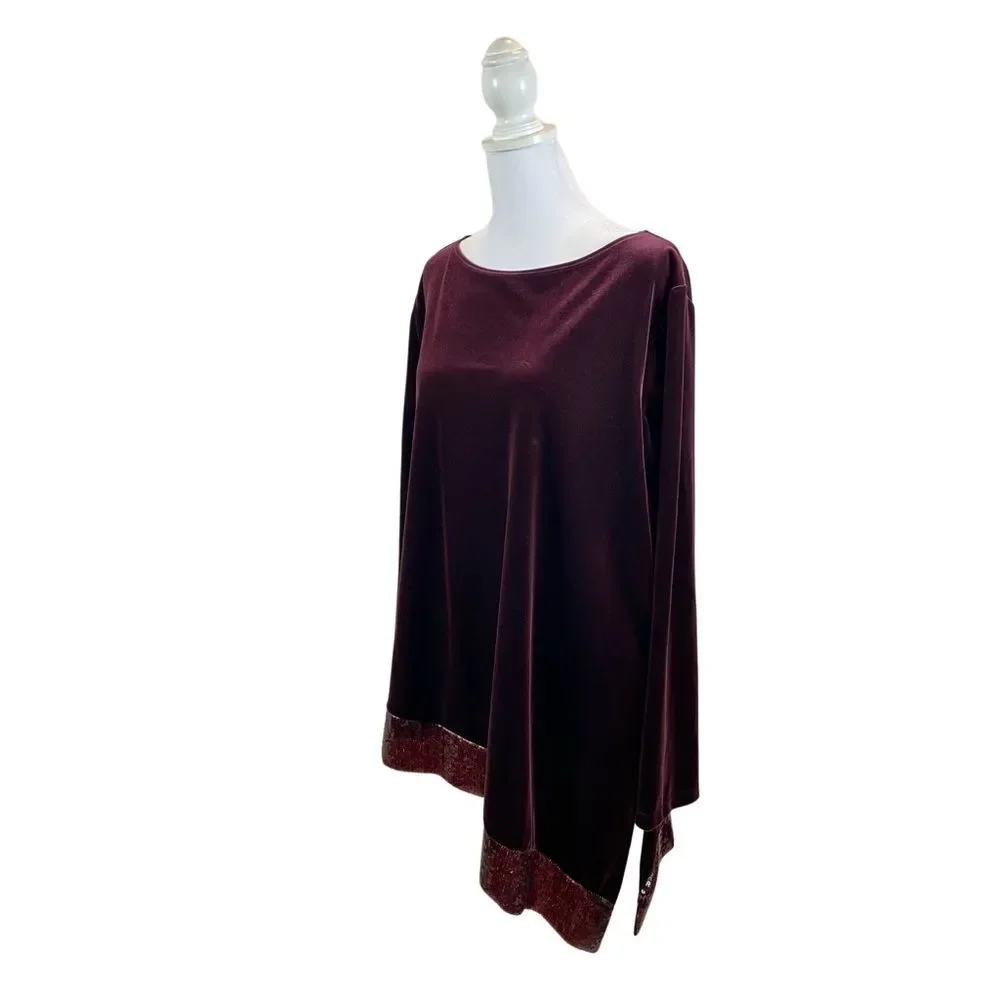 Chicos Traveller Burgundy Asymmetrical Ling Sleeved Velour Blouse Chicos Size 3